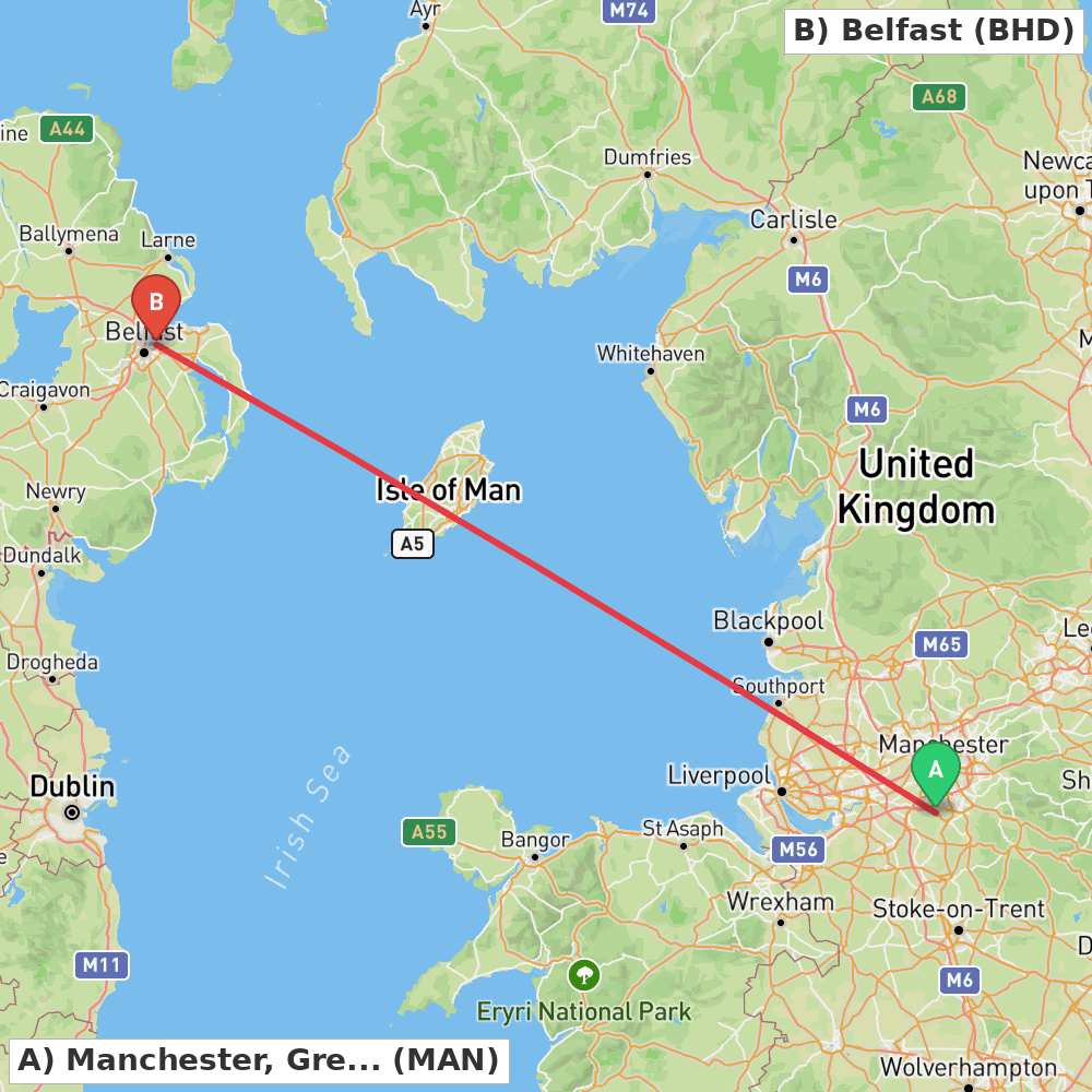 Flight route map from Manchester, Greater Manchester to Belfast