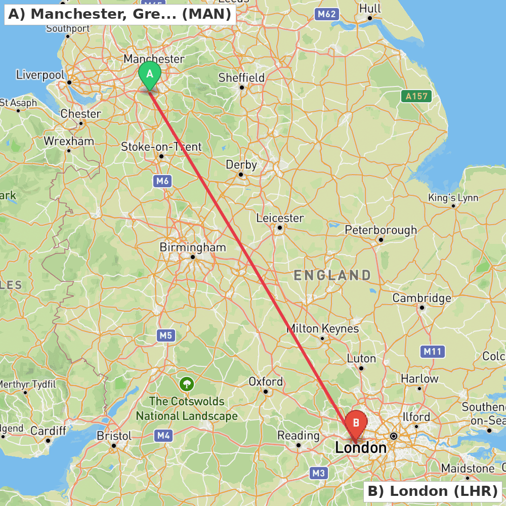 Flight route map from Manchester, Greater Manchester to London