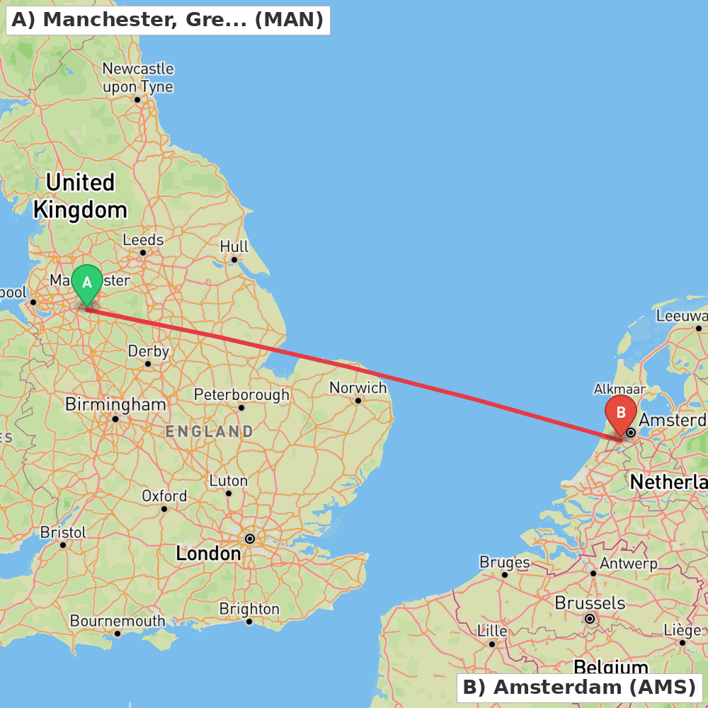 Flight route map from Manchester, Greater Manchester to Amsterdam