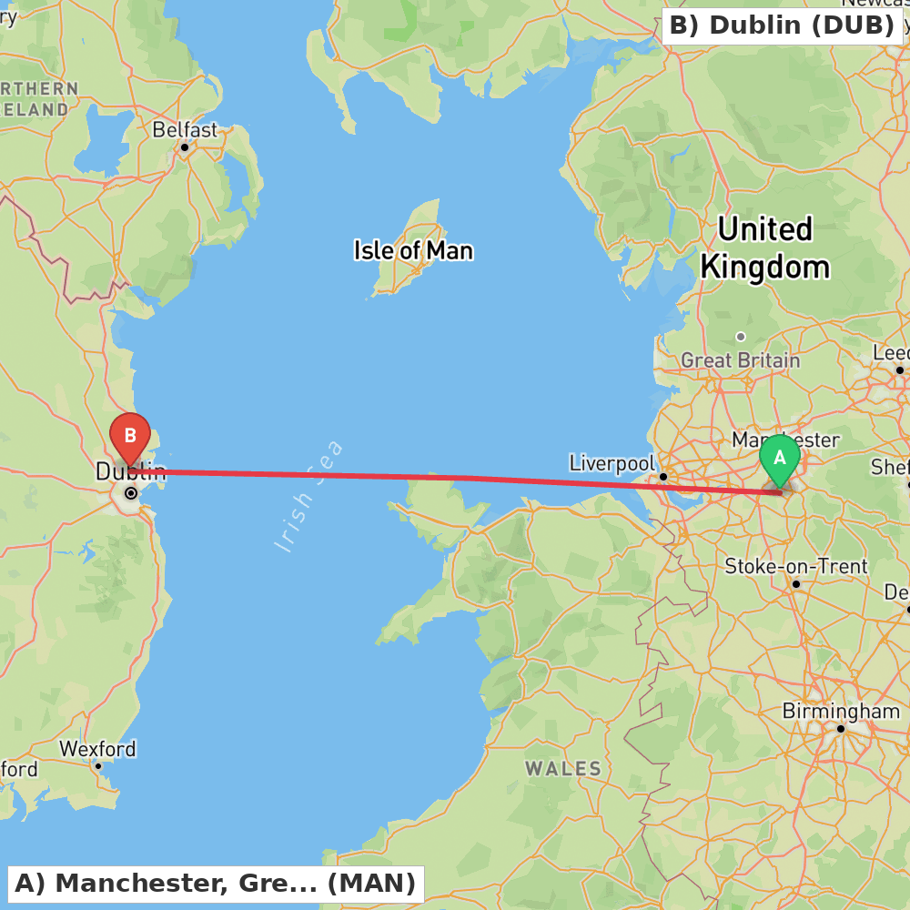 Flight route map from Manchester, Greater Manchester to Dublin