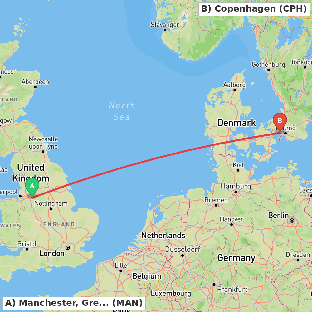 Flight route map from Manchester, Greater Manchester to Copenhagen
