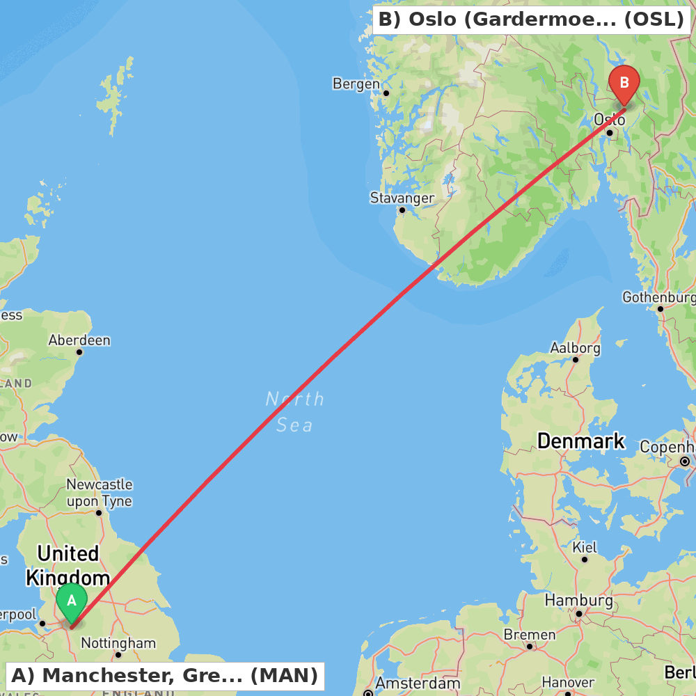 Flight route map from Manchester, Greater Manchester to Oslo (Gardermoen)