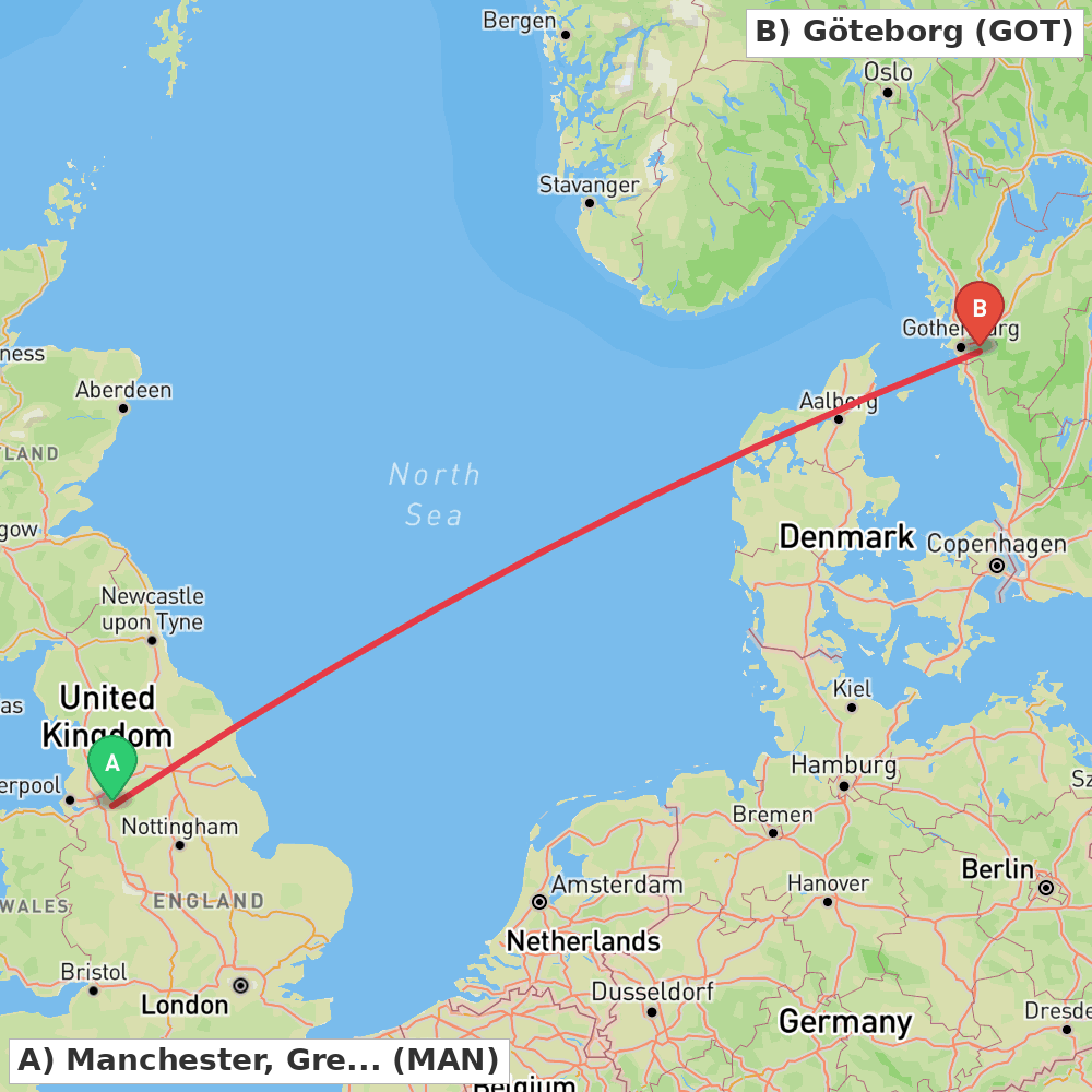 Flight route map from Manchester, Greater Manchester to Göteborg