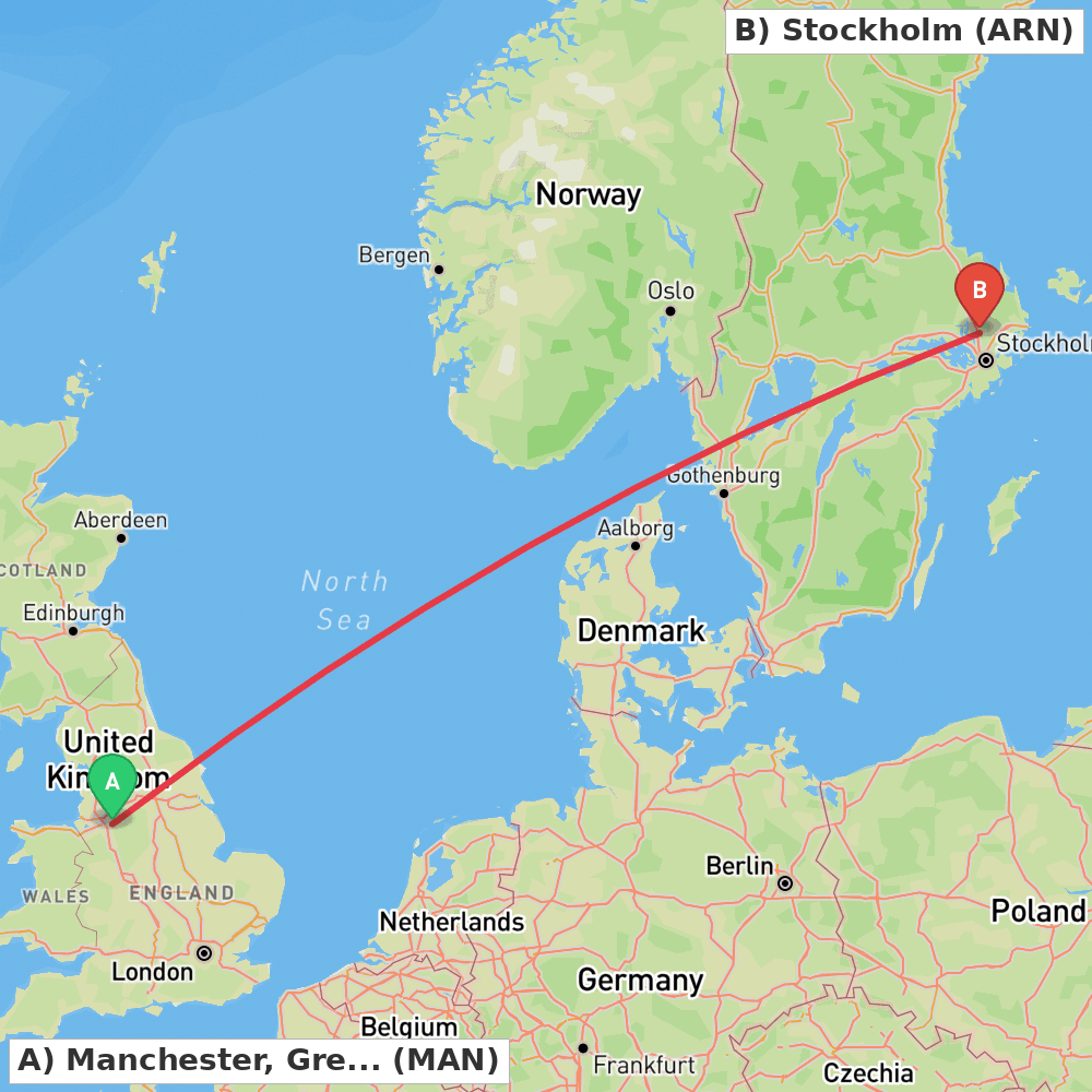 Flight route map from Manchester, Greater Manchester to Stockholm