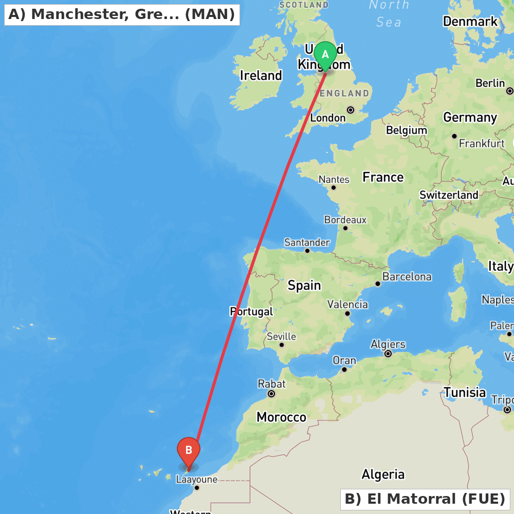 Flight route map from Manchester, Greater Manchester to El Matorral