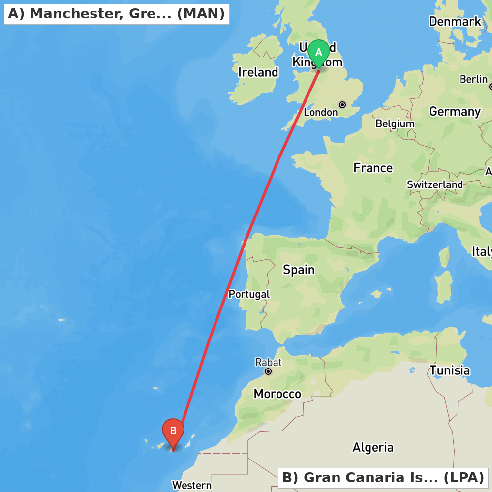 Flight route map from Manchester, Greater Manchester to Gran Canaria Island