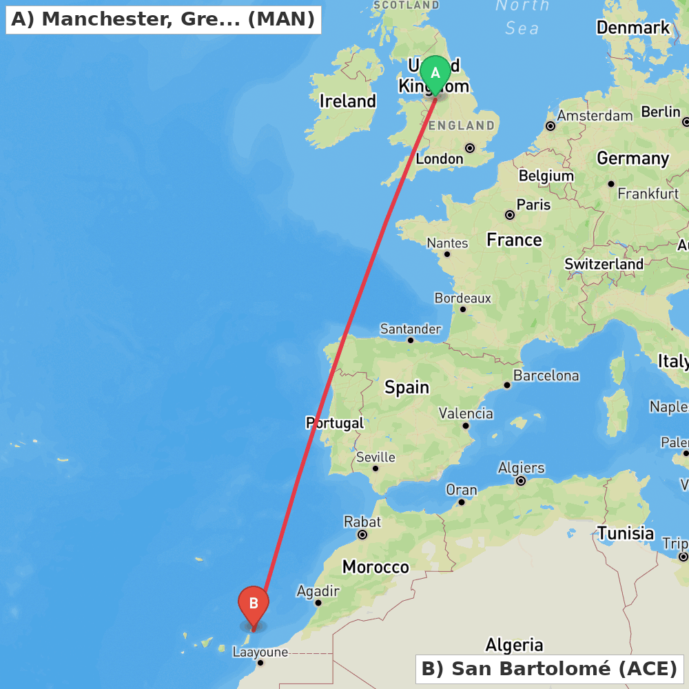 Flight route map from Manchester, Greater Manchester to San Bartolomé