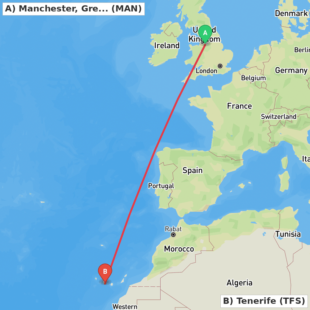 Flight route map from Manchester, Greater Manchester to Tenerife
