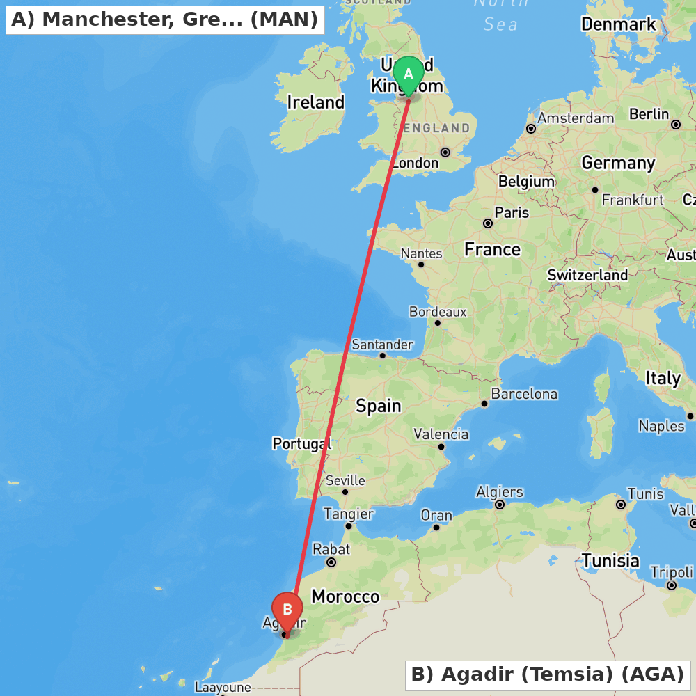 Flight route map from Manchester, Greater Manchester to Agadir (Temsia)