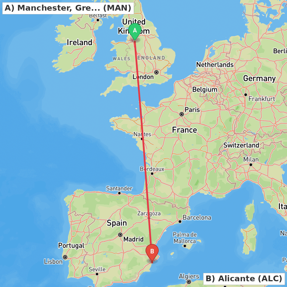Flight route map from Manchester, Greater Manchester to Alicante