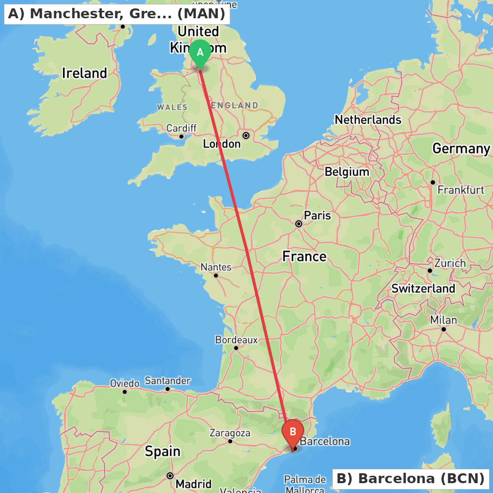 Flight route map from Manchester, Greater Manchester to Barcelona