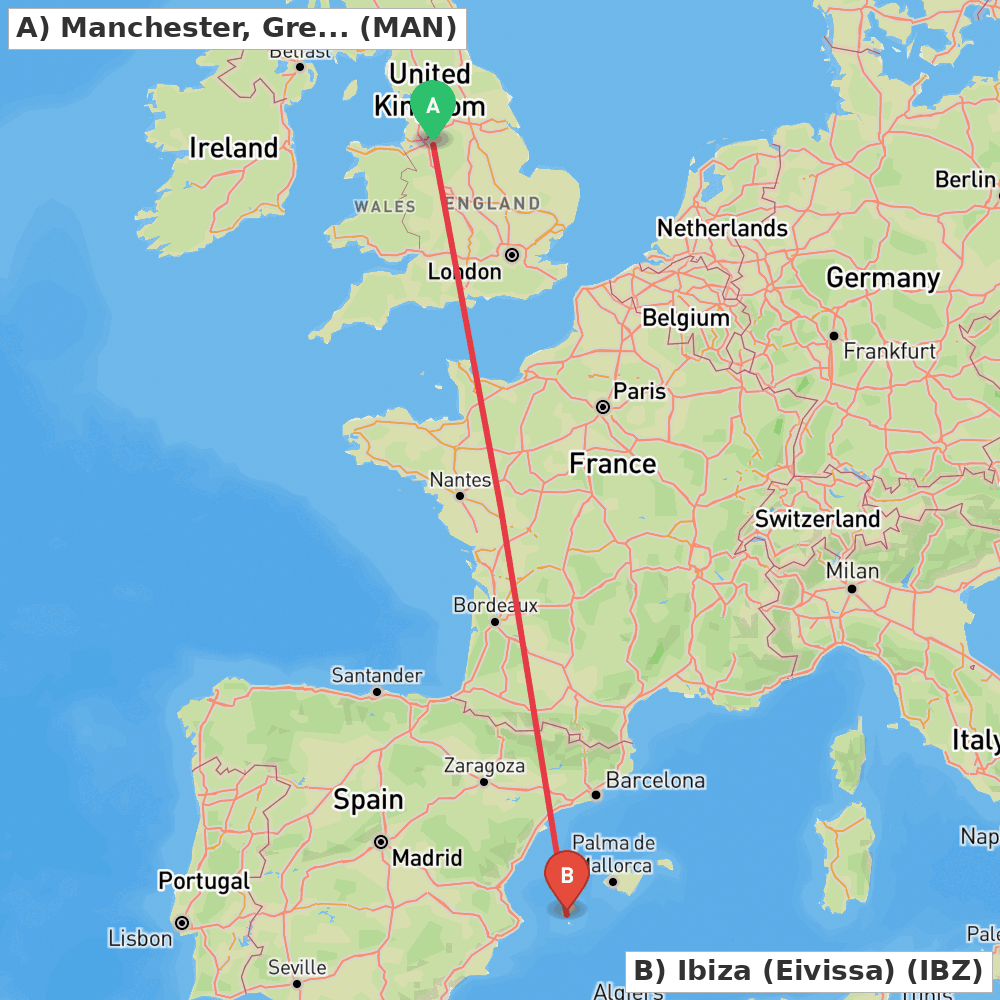 Flight route map from Manchester, Greater Manchester to Ibiza (Eivissa)