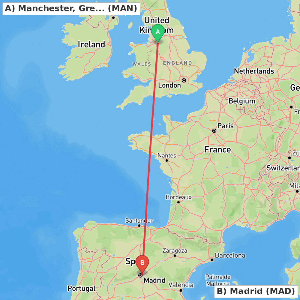 Flight route map from Manchester, Greater Manchester to Madrid