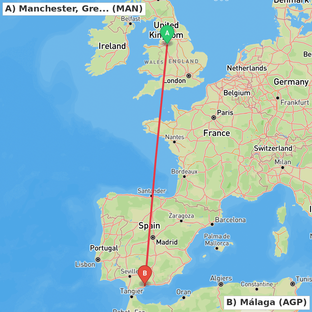 Flight route map from Manchester, Greater Manchester to Málaga