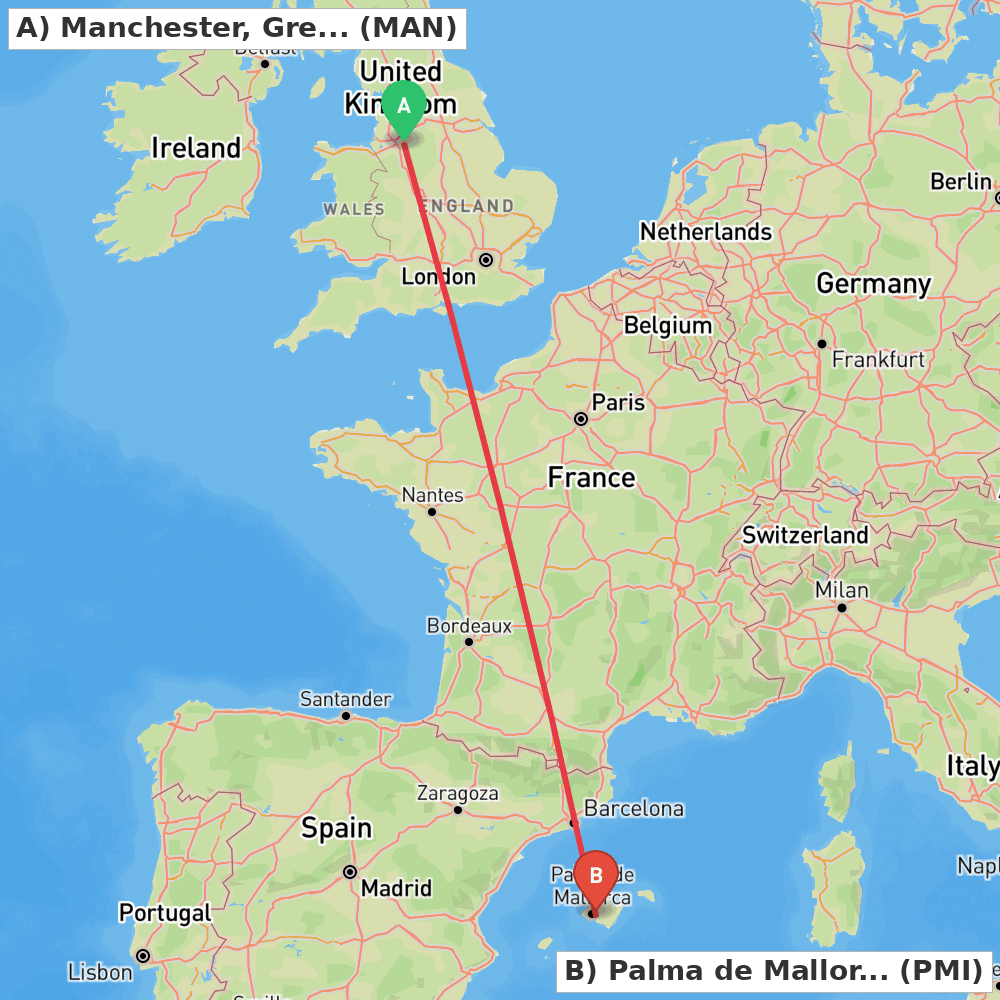 Flight route map from Manchester, Greater Manchester to Palma de Mallorca