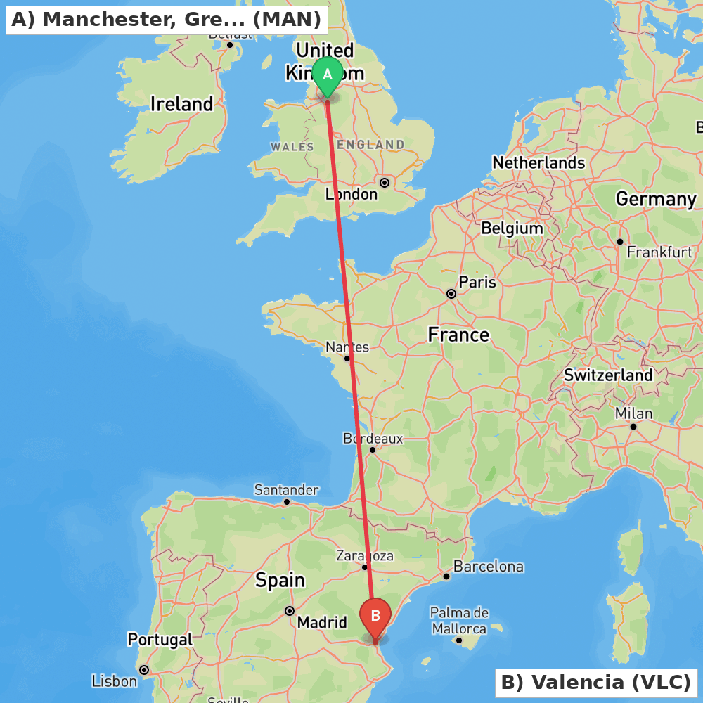Flight route map from Manchester, Greater Manchester to Valencia