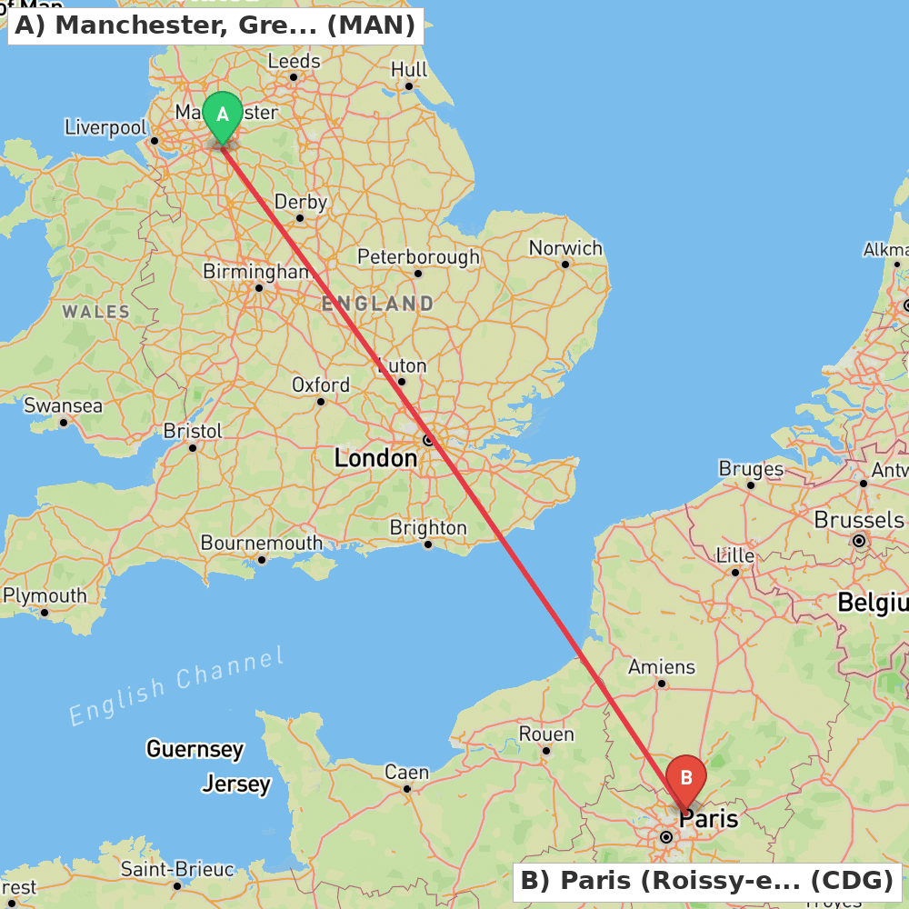 Flight route map from Manchester, Greater Manchester to Paris (Roissy-en-France, Val-d'Oise)