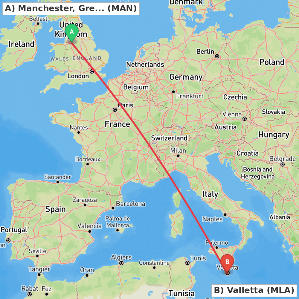 Flight route map from Manchester, Greater Manchester to Valletta