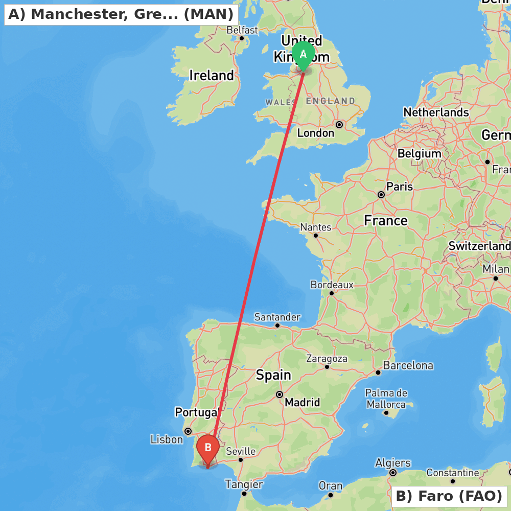 Flight route map from Manchester, Greater Manchester to Faro