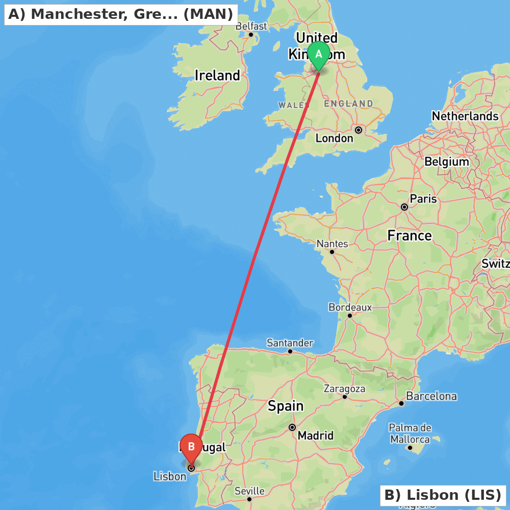 Flight route map from Manchester, Greater Manchester to Lisbon
