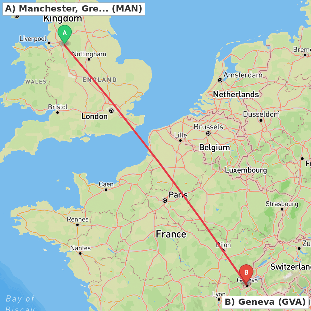Flight route map from Manchester, Greater Manchester to Geneva
