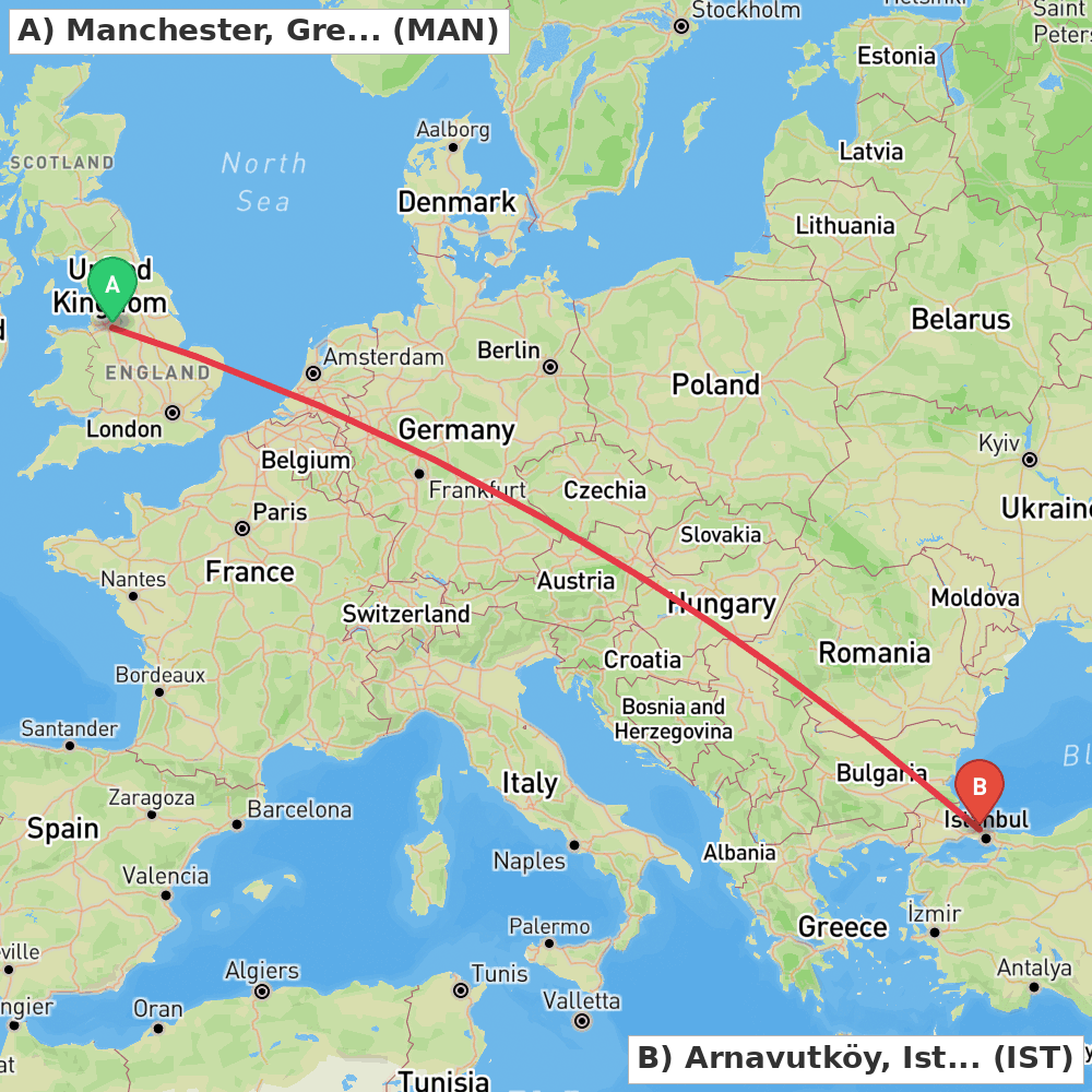 Flight route map from Manchester, Greater Manchester to Arnavutköy, Istanbul