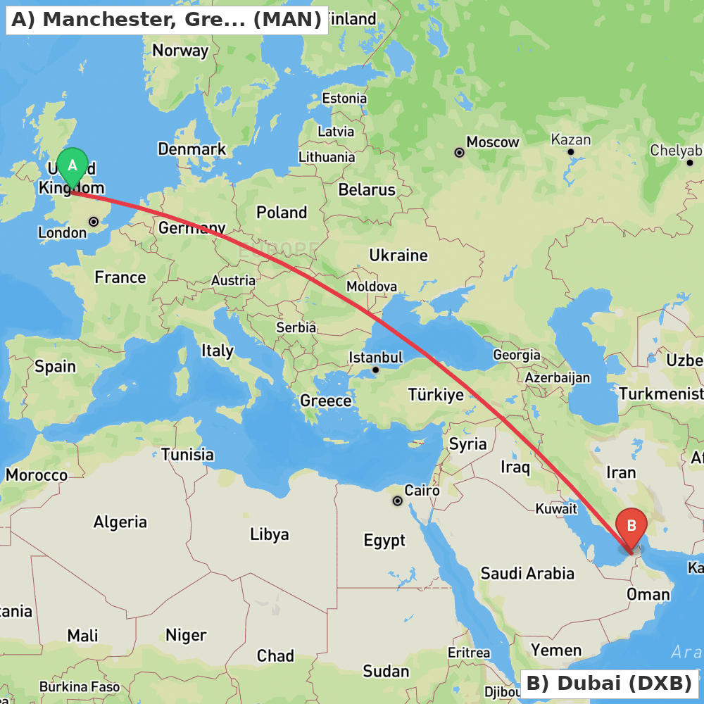 Flight route map from Manchester, Greater Manchester to Dubai