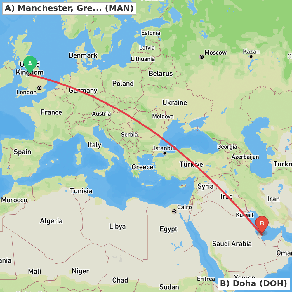 Flight route map from Manchester, Greater Manchester to Doha