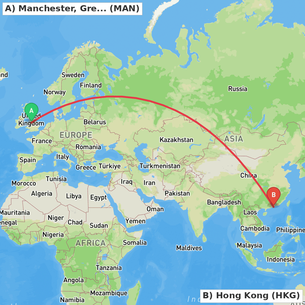 Flight route map from Manchester, Greater Manchester to Hong Kong
