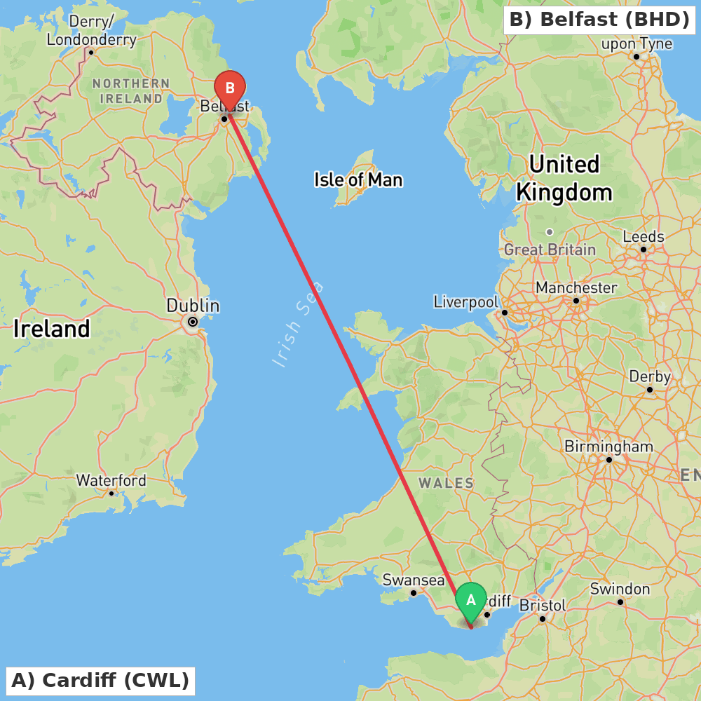 Flight route map from Cardiff to Belfast