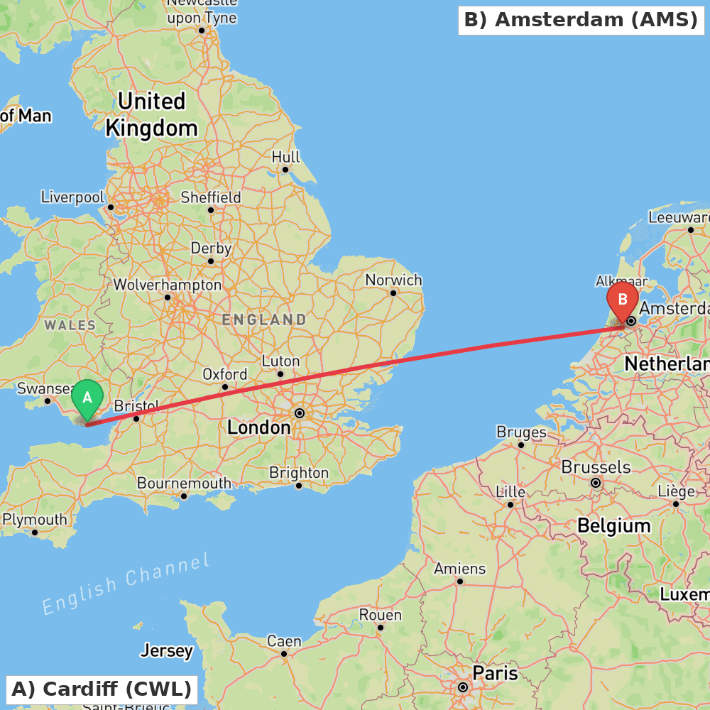 Flight route map from Cardiff to Amsterdam