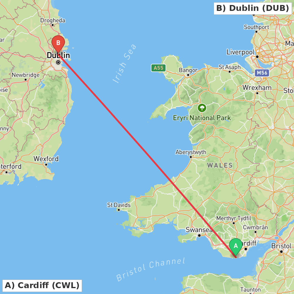 Flight route map from Cardiff to Dublin