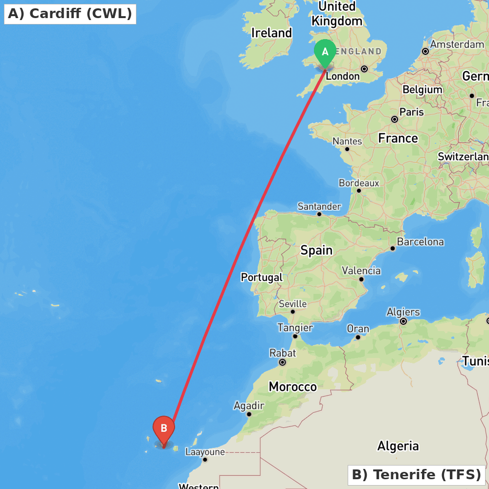 Flight route map from Cardiff to Tenerife