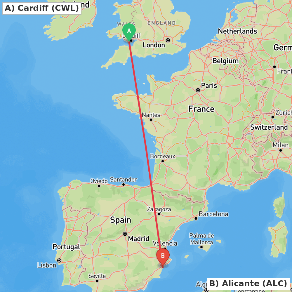 Flight route map from Cardiff to Alicante