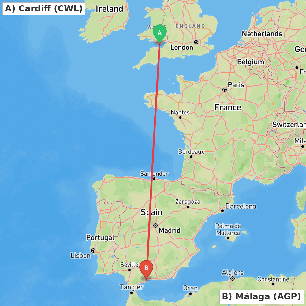 Flight route map from Cardiff to Málaga