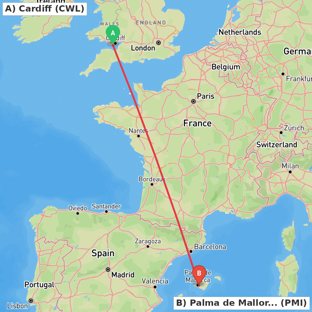 Flight route map from Cardiff to Palma de Mallorca