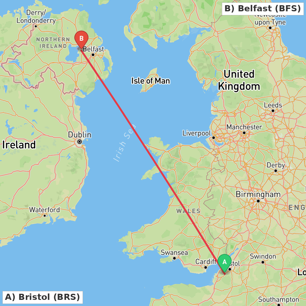 Flight route map from Bristol to Belfast
