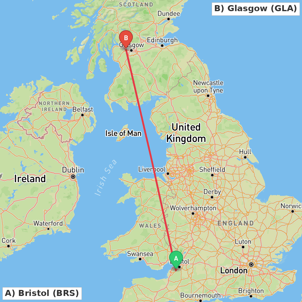 Flight route map from Bristol to Glasgow