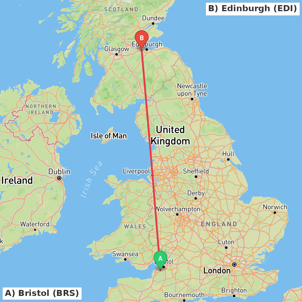 Flight route map from Bristol to Edinburgh