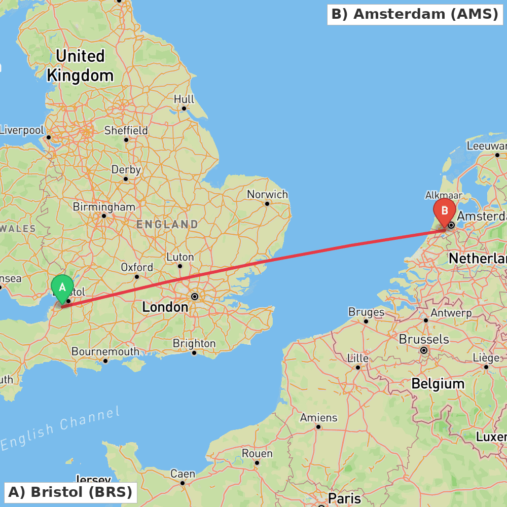 Flight route map from Bristol to Amsterdam