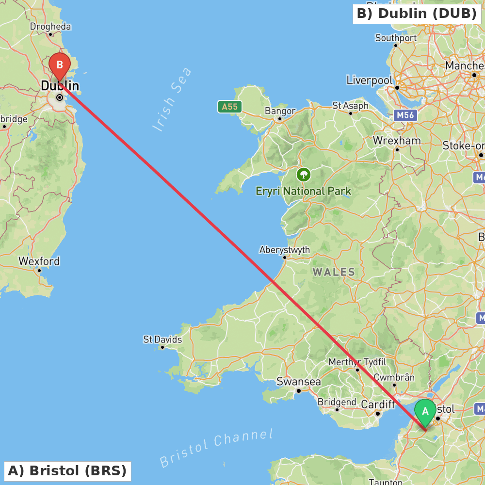 Flight route map from Bristol to Dublin