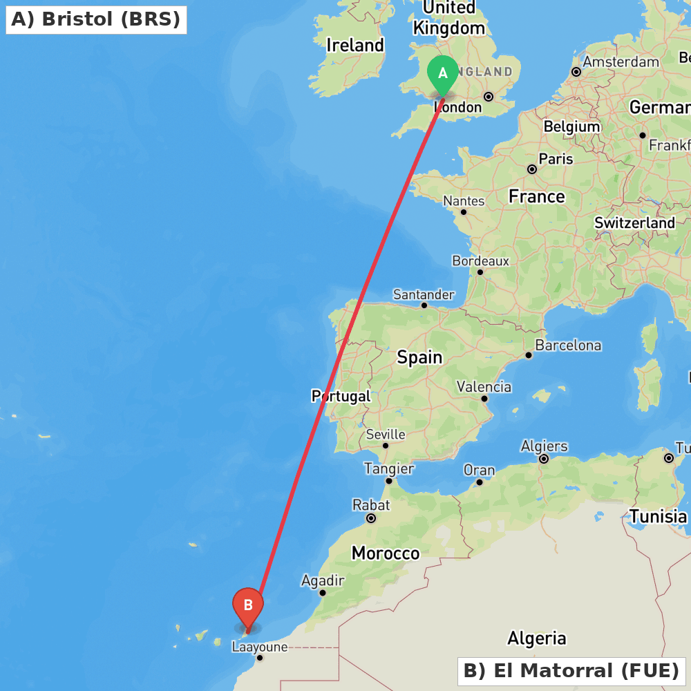 Flight route map from Bristol to El Matorral