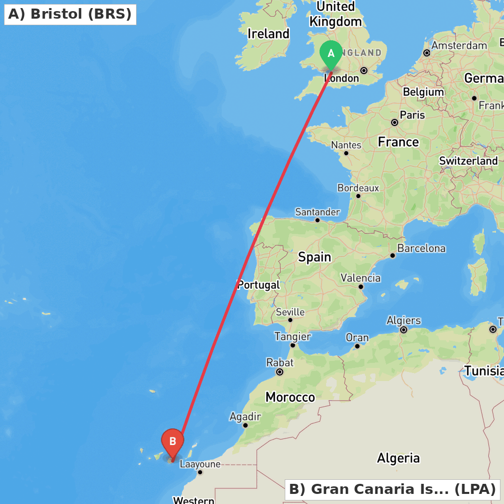 Flight route map from Bristol to Gran Canaria Island