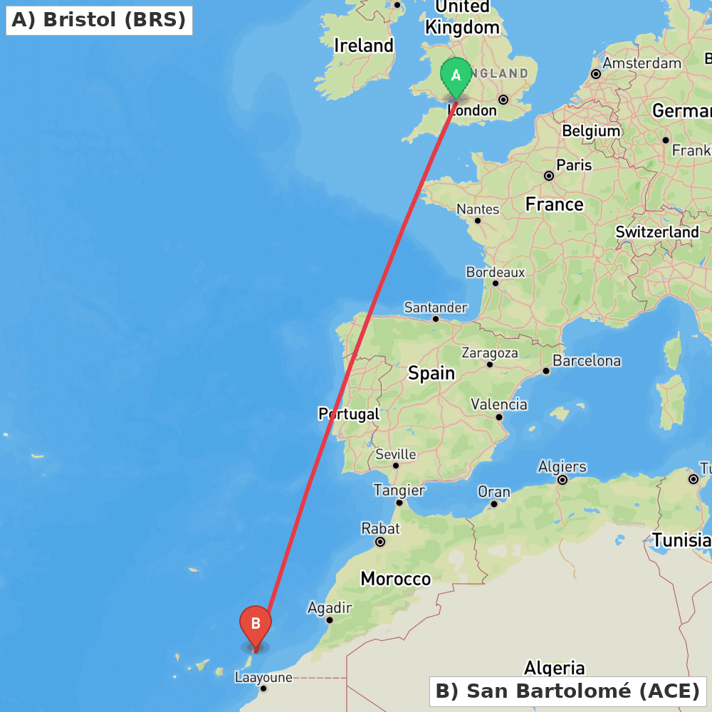 Flight route map from Bristol to San Bartolomé