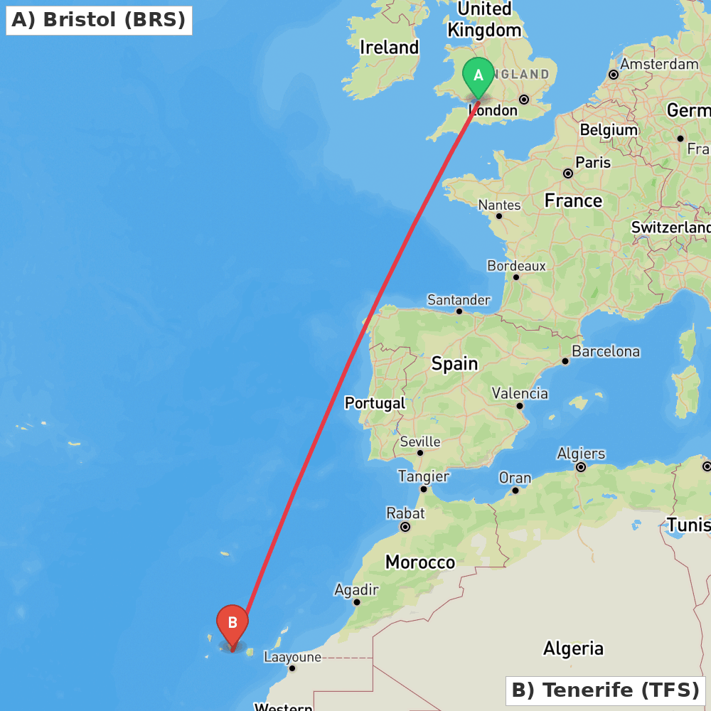 Flight route map from Bristol to Tenerife