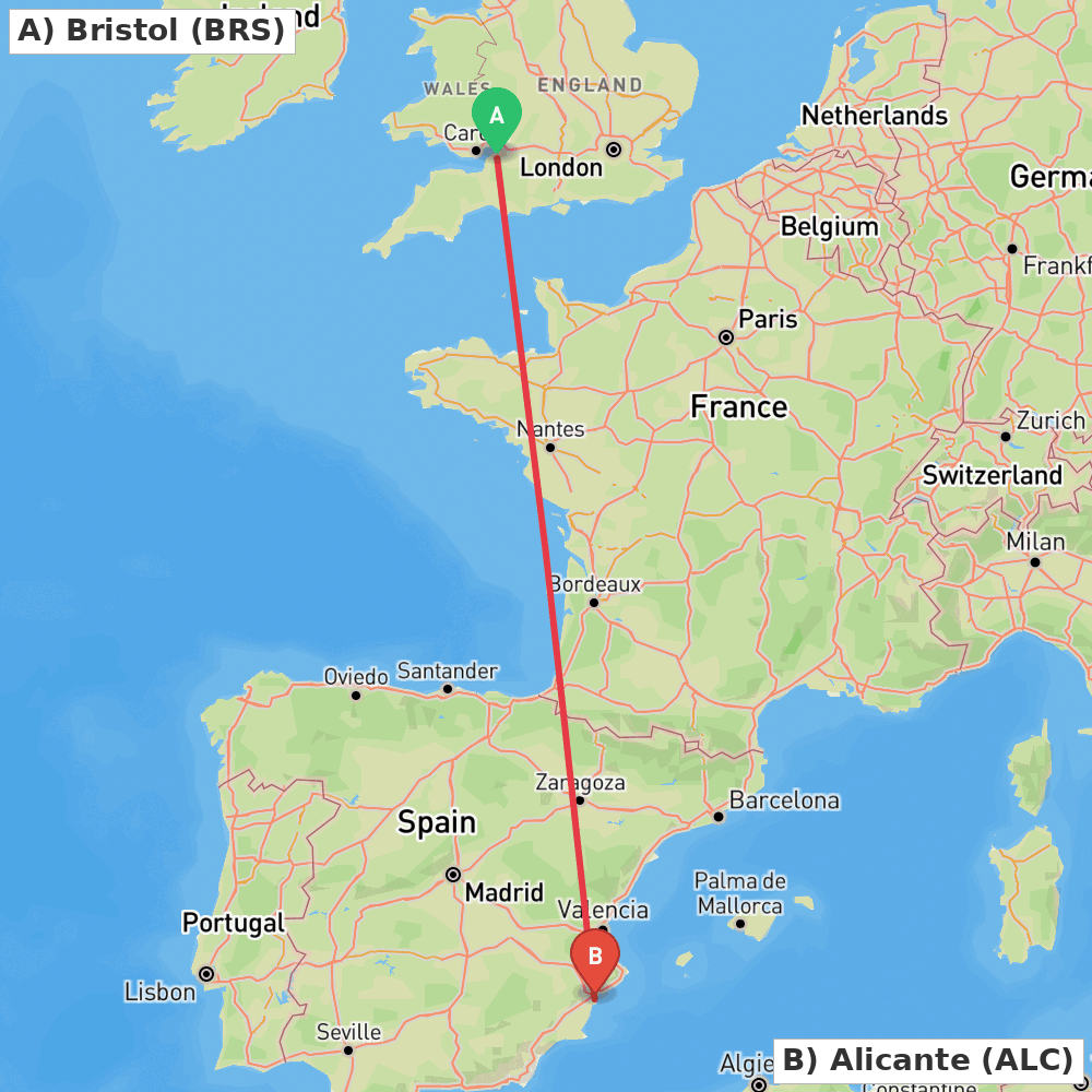 Flight route map from Bristol to Alicante