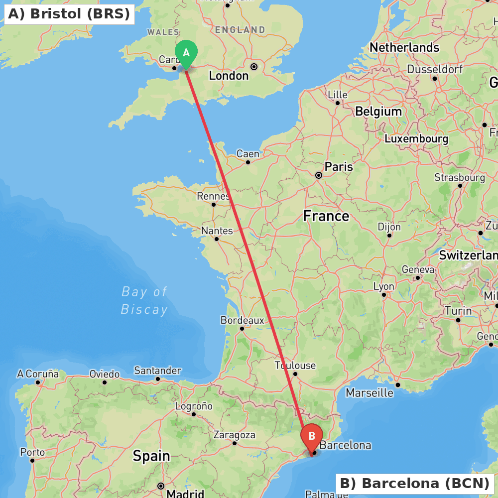Flight route map from Bristol to Barcelona