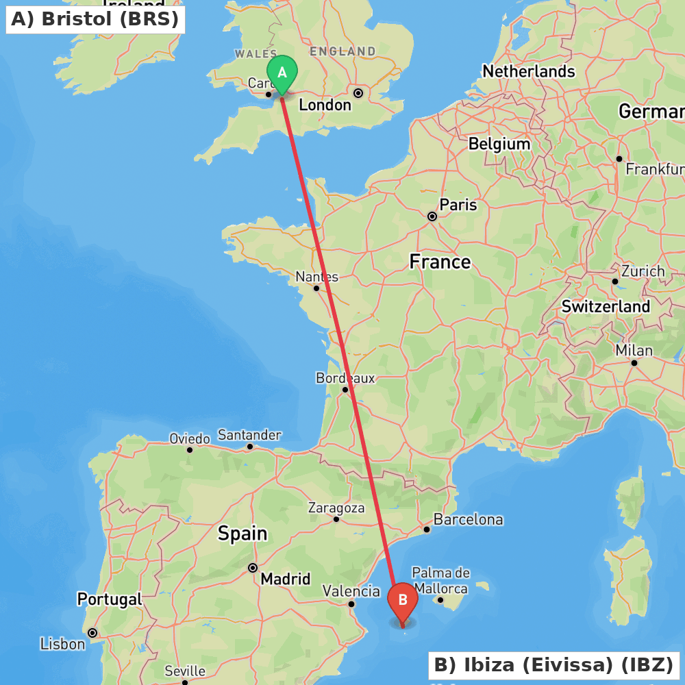 Flight route map from Bristol to Ibiza (Eivissa)