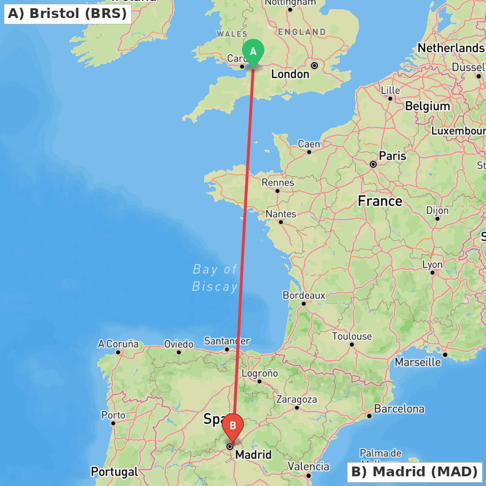 Flight route map from Bristol to Madrid