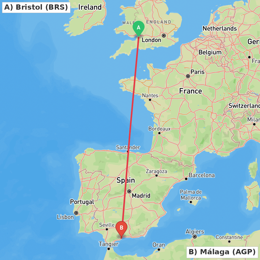 Flight route map from Bristol to Málaga
